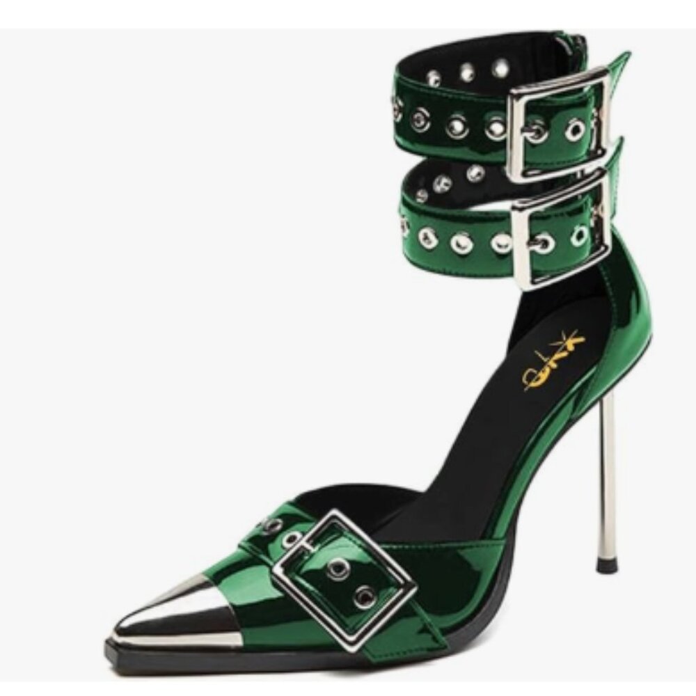 XYD Green Sexy Double Ankle Straps Buckled Pointed Toe High Metallic Heel Pumps